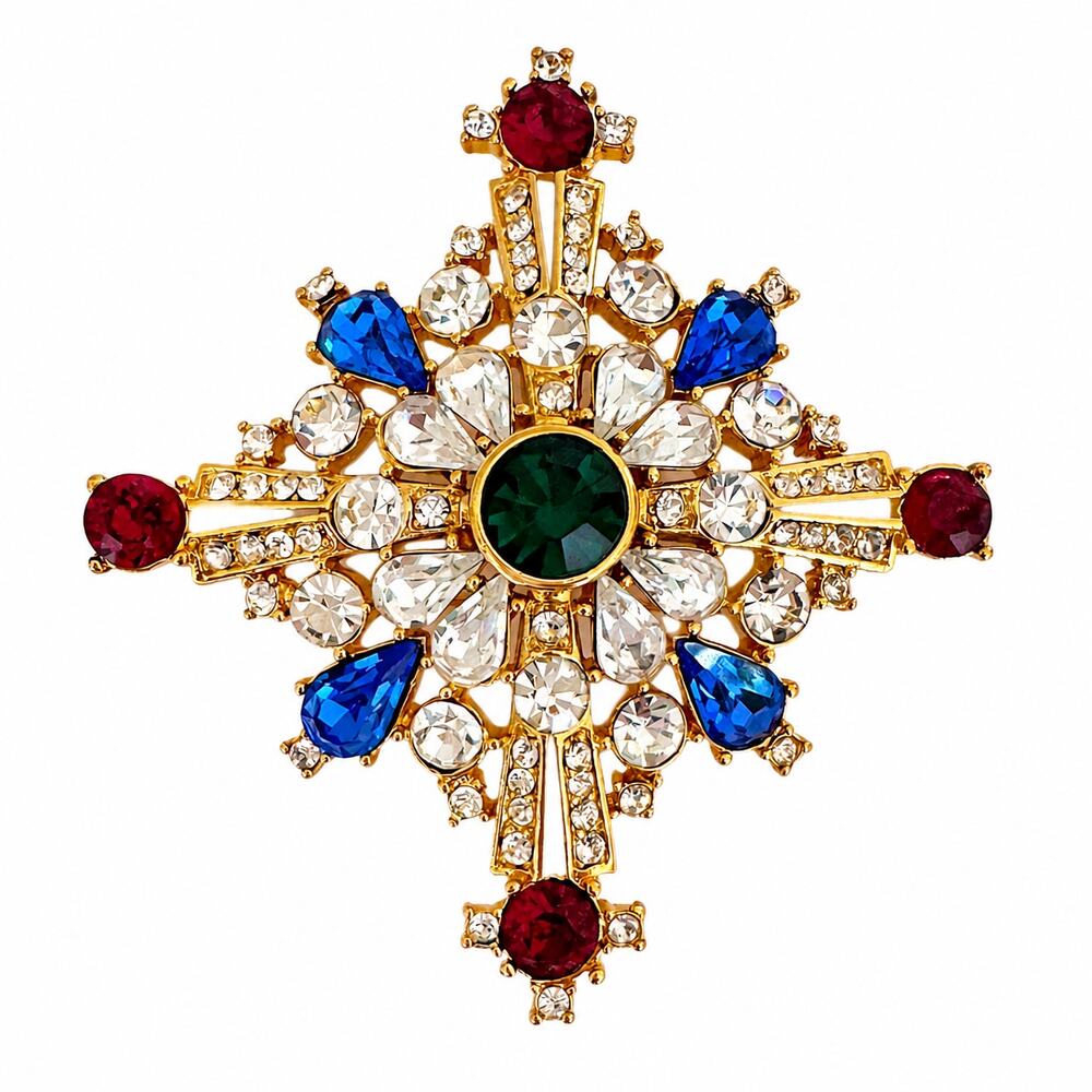 Vintage Trifari Maltese Cross Brooch Pin Gold Tone Red Blue Green Rhinestone